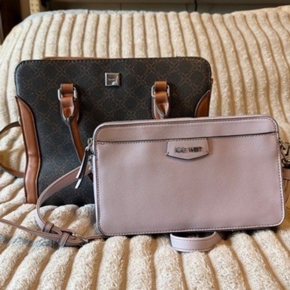 Nine West Handbag Bundle Brown Monogram Satchel & Mauve Pink Crossbody Bag